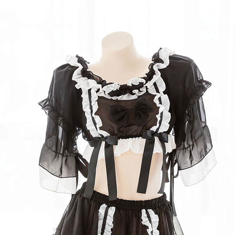 

Women Sexy Black Perspective Chiffon Tutu Two-piece Dress Sleepwear Sweet Lolita Cute Bow Lace Trim Leisure Lingerie Set