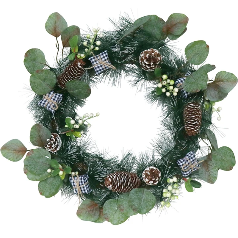 

Artificial Christmas Pine Wreath With Decorative Gift Box Pinecone Berries For Front Door Wall Window Home Decoration