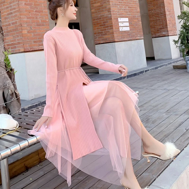 Женское шифоновое платье свитер Lucyever черное белое эластичное приталенное с