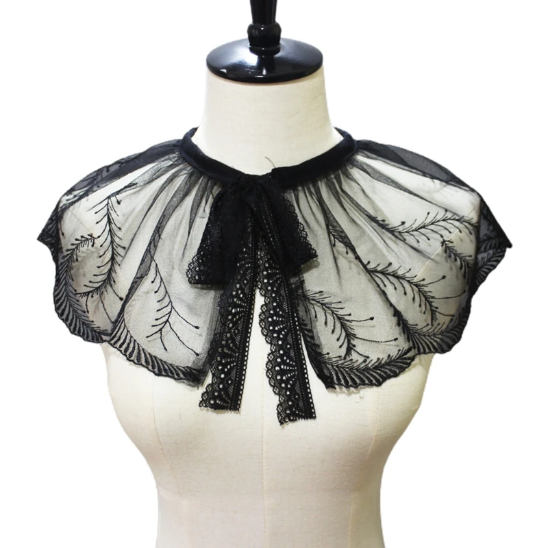 

Feather Embroidery Fake Collar Shawl Pleated Sheer Mesh Necklace Half Shirt Cape U90E