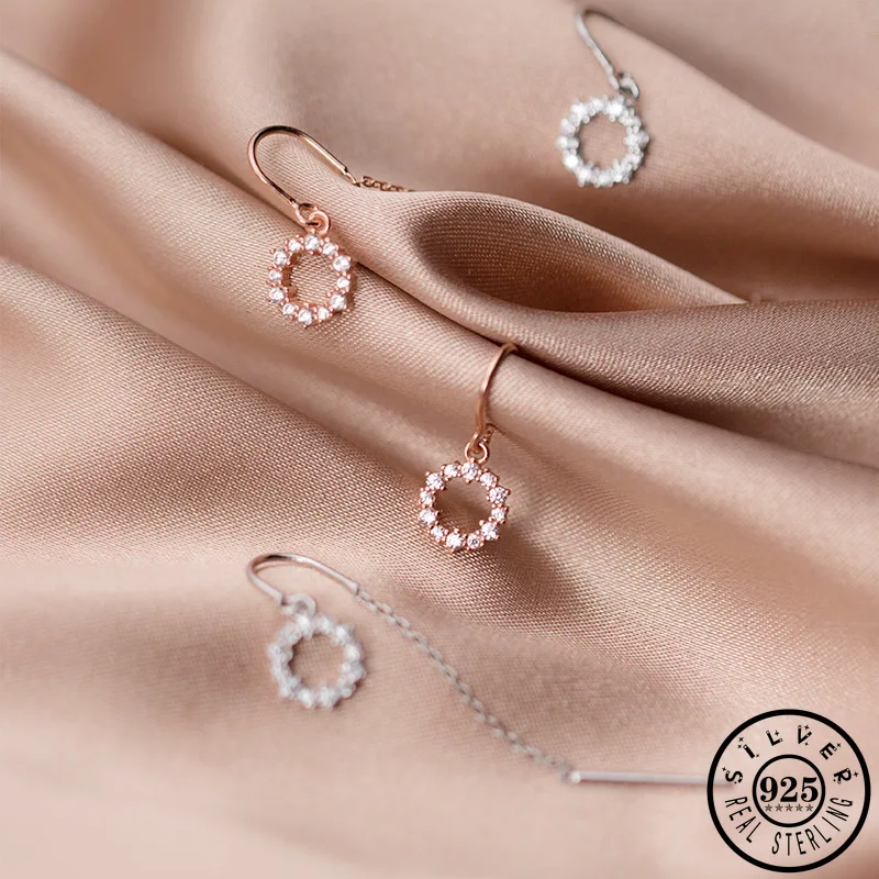 925 Sterling Silver Cubic Zircon Round Shape Statement Long Chain Rose Gold Color Plated Dangle Drop Earrings for Women | Украшения и