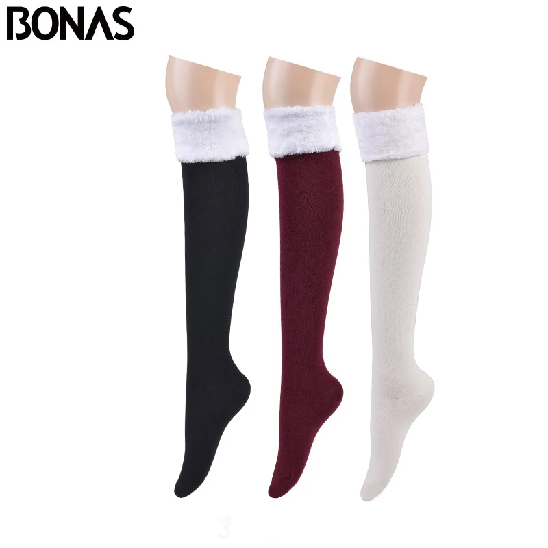 Black Red White BONAS, 3 шт., гольфы, теплые чулки, Женские однотонные гольфы, женские хлопковые чулки для девочек, пушистые зимние носки, 53 см - Цвет: Black Red White