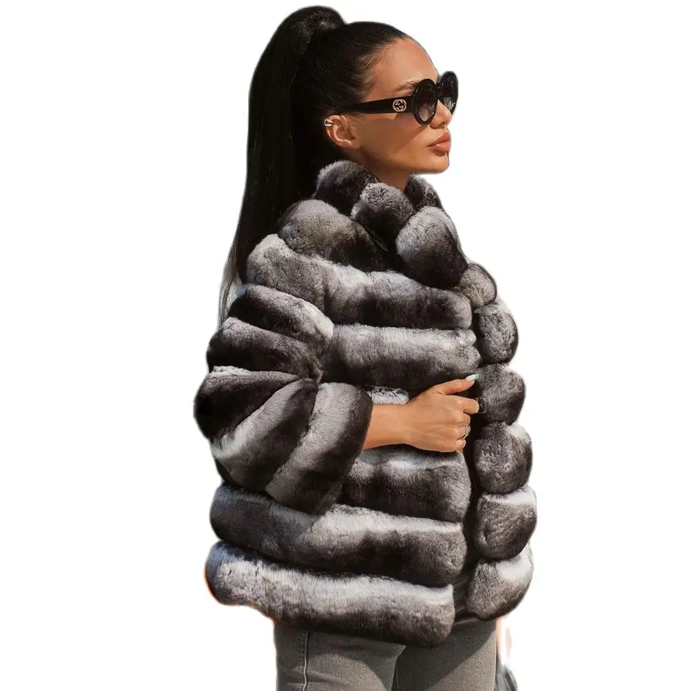Luxury Women Real Rex Rabbit Fur Coat Stand Collar Winter Fashion Genuine Rex Rabbit Fur Jacket High Quality Thick Fur Overcoat