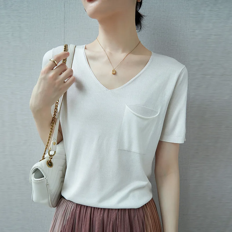 

Europe And The United States Popular Spring Summer 100% Modal Knitted Short-Sleeved T-Shirt Female Loose Oversize V-Neck Jumper