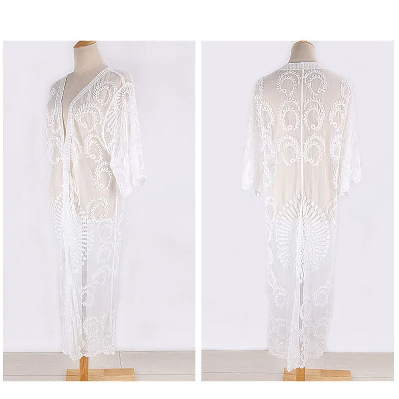 

2021 Bohemia Swimwear Bikini Cover-ups White Lace Sexy Summer Kimono Plus Size Dress V-neck Swimsuit Beach Wear Swim Suit Cover