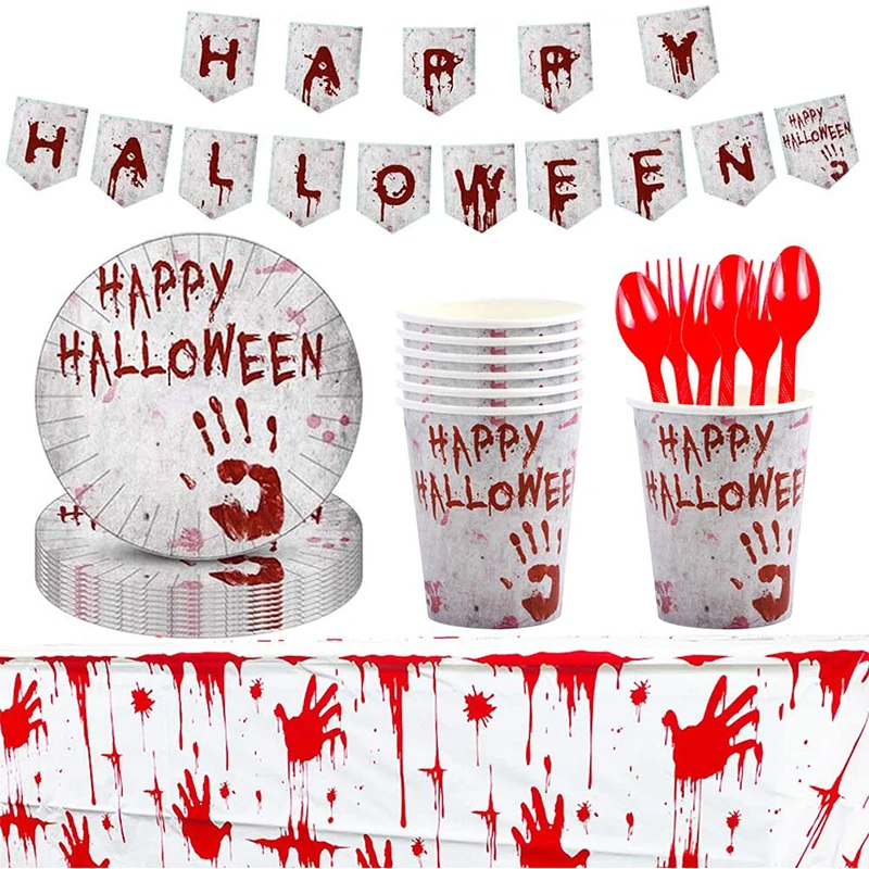 Кровавый отпечаток руки Хэллоуин посуда набор жуткий ужасающие бумажные