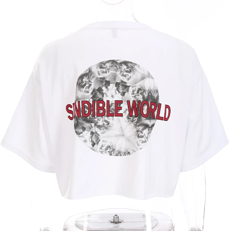 

Women White Printed O-neck Short Sleeve t shirt White Streetwear Hip Hop t-shirt Women 2020 Knitted Crop Top