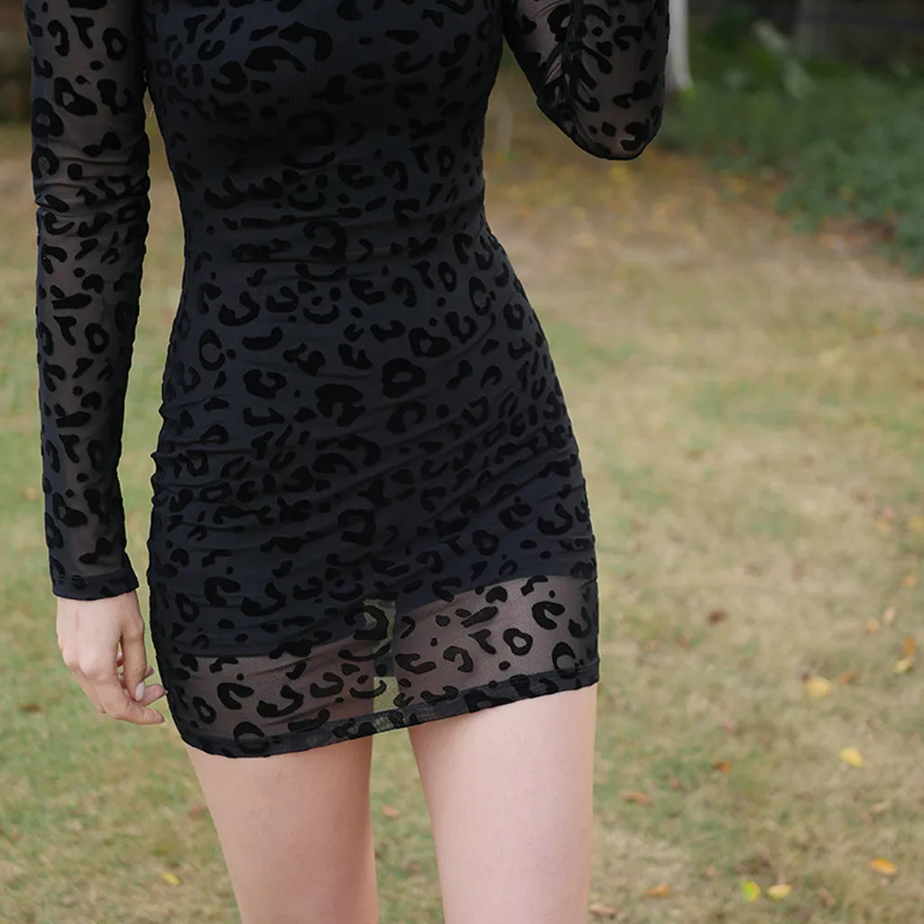 

2020 New Sexy bodycon dress Women's Round Neck Solid Color Wave Point Puff Sleeve Slim Mini Dress @7
