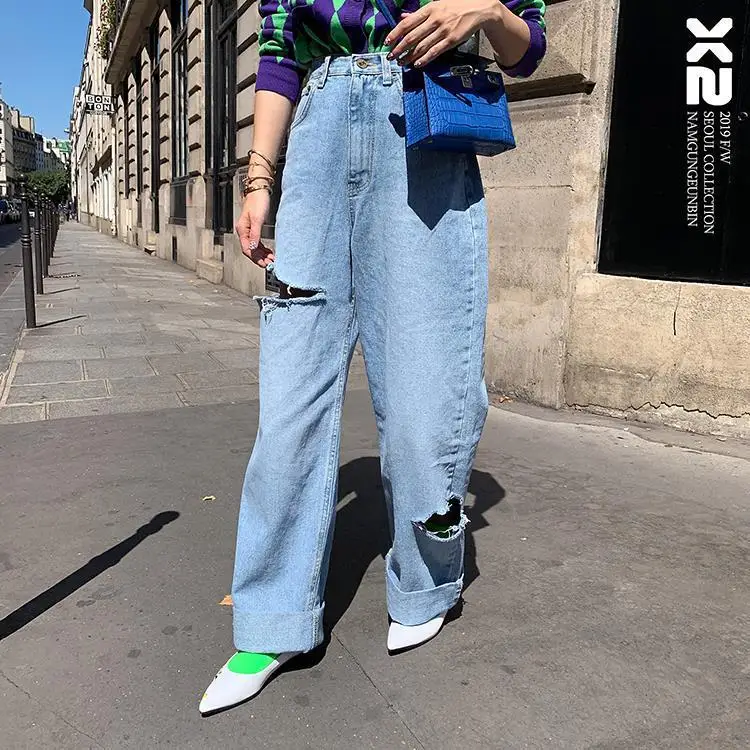 Прямые женские джинсы с потертостями X2 высокой талией и низким вырезом прямые