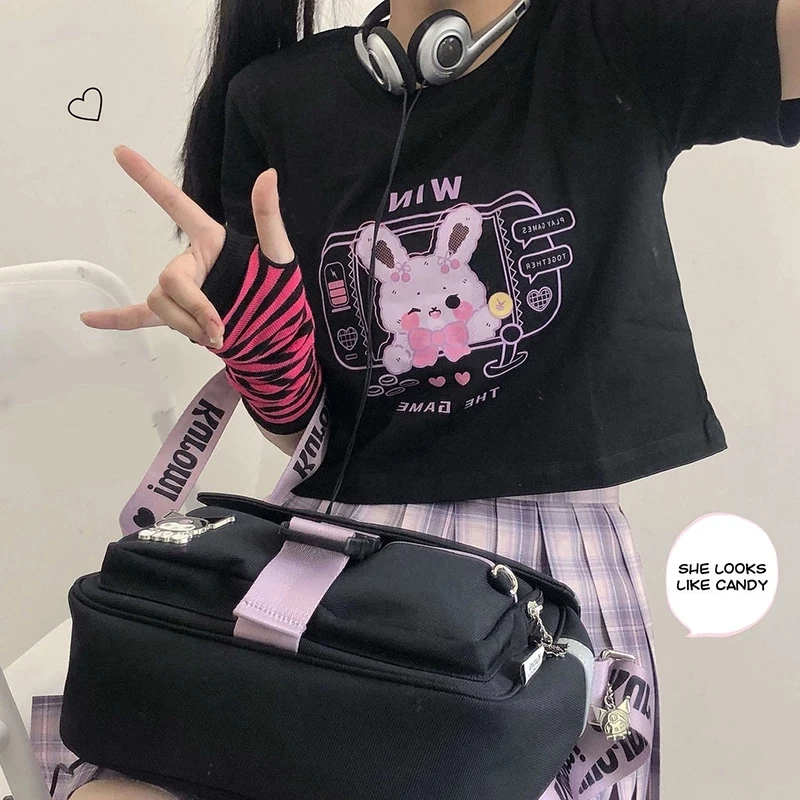 

QWEEK Kawaii Graphic T Shirt Women Summer Rabbit Print Cropped Top Mujer E Girl Alt Clothes Aesthetic Streetwear Tee Shirt 2021