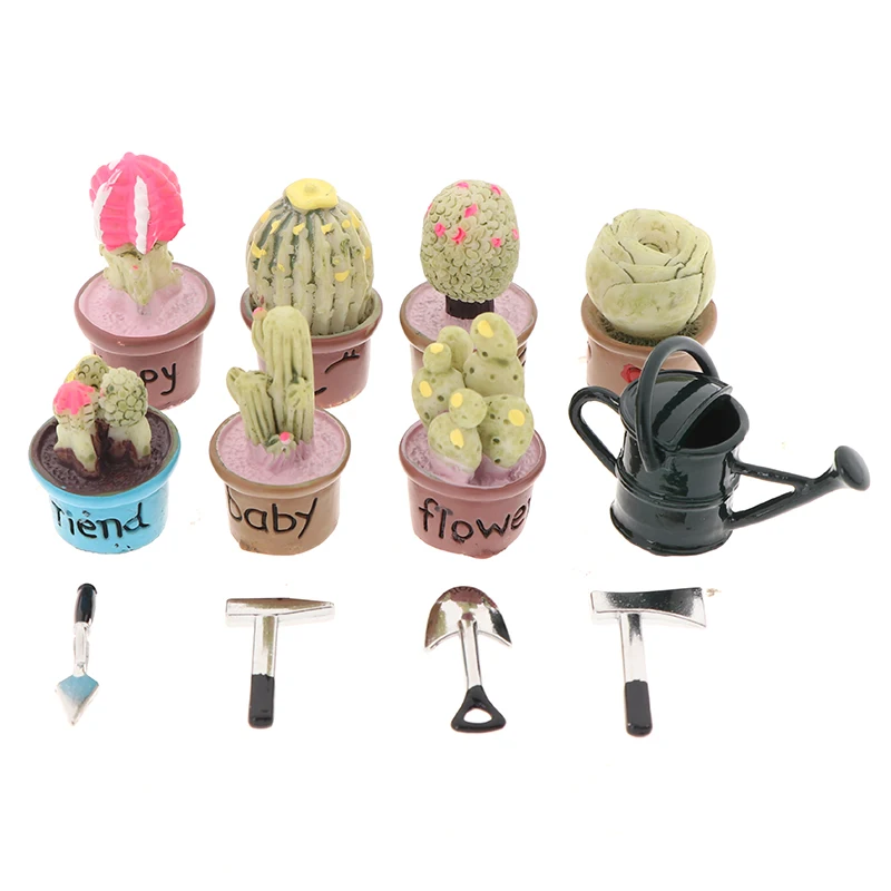 

12pcs 1:12 Dollhouse Mini Simulation Green Potted Plants Tree Potted For Green Plant In Pot Plants+Tools+Watering Pot Decor