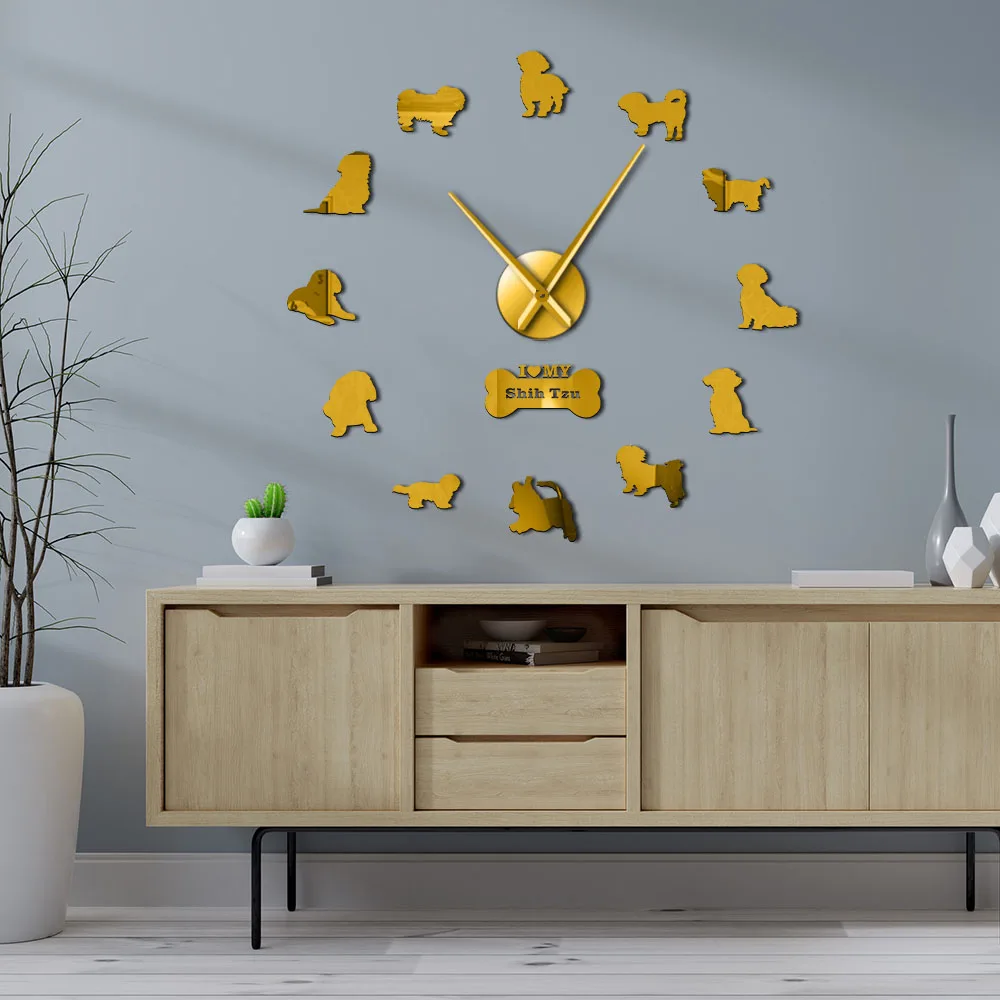 Shih Tzu Dog-Reloj de pared autoadhesivo para decoración del hogar, accesorio de gran tamaño con efecto espejo, hecho a mano, corte láser, para cachorros
