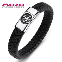 fashion bangle popular men bracelet black leather stainless steel magnet buckle four leaf grass punk jewelry ps2076