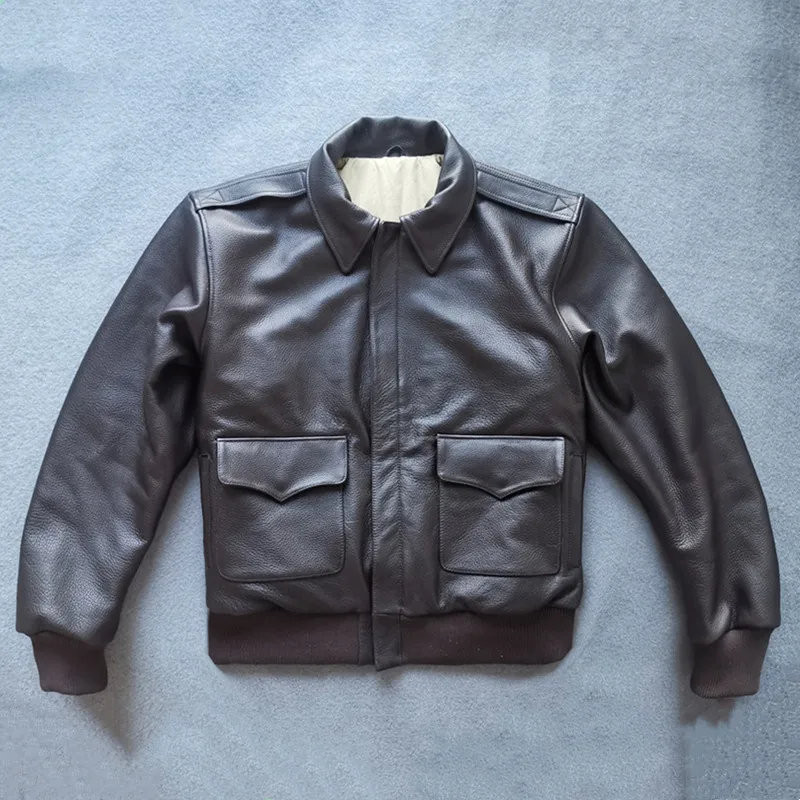 

2021 Dark Brown Military Style A2 Leather Jacket Europe Size XXL Genuine Natural Cowhide Winter Warm Thick Pilot Coat
