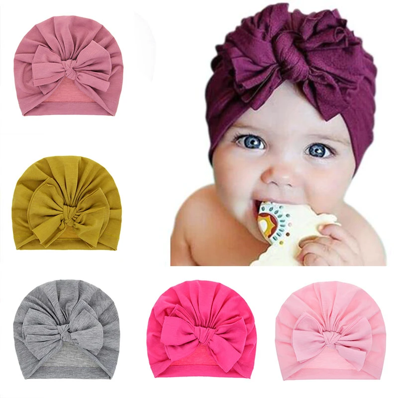 Осень Зима Детские Beanie Хлопок Дети Тюрбан Hat Сплошной цвет Большой Bowknot Cap|Шапки