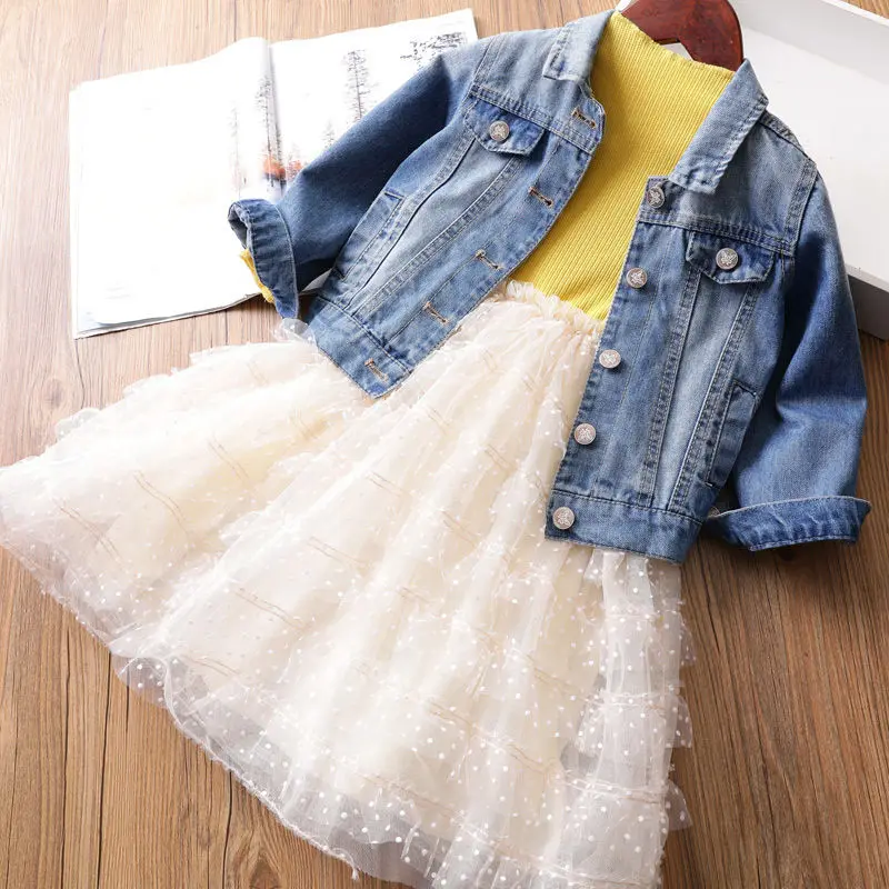 

Girls Lace Layered Dress 2021 Spring New Long Sleeve Patchwork Dot Gauze Princess Kids Clothes for 1-6T