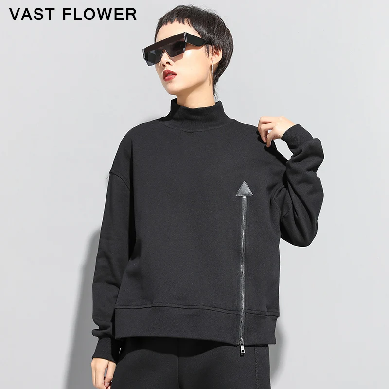 Женская водолазка на молнии черная Повседневная Свободная футболка большого