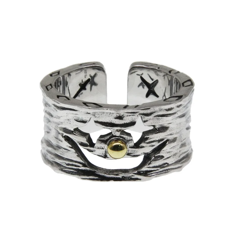 

S925 Sterling Silver Smiley Face Clown Knife Cut Ring Female Fashion Personality Retro Male Index Finger Ring Hip-hop Punk Wind