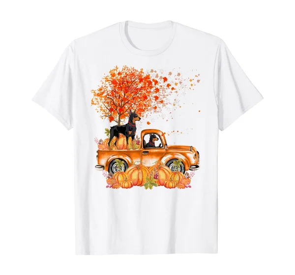 

Doberman Dog On Pumpkins Truck Autumn Leaf Fall T-Shirt