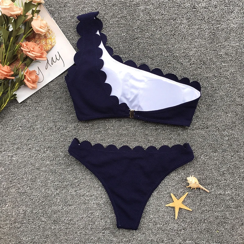 Одно плечо волнистые Одноцветный бикини набор Для женщин с лямкой на шее