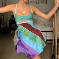 sleeveless patchwork stripe spaghetti strap mini dress summer front cut out sexy rave party dresses off shoulder robe femme