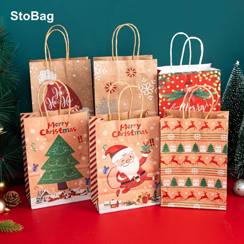 

StoBag 6pcs Christmas Kraft Paper Bag Santa Claus New Year Party Gift Pakcaging Handle Bag Child Favors Cookies Snack Decoration