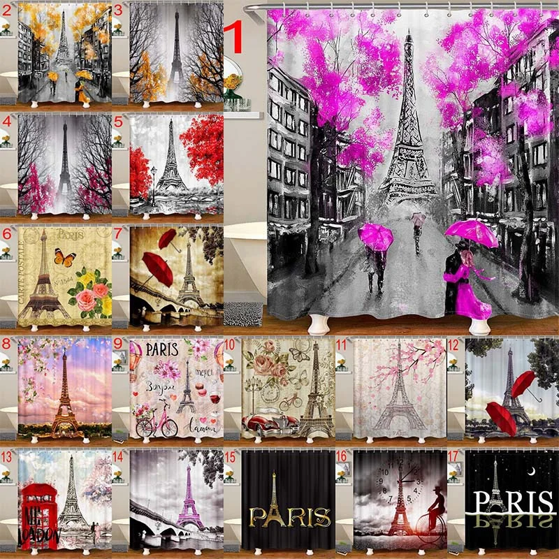 

Европейский городской пейзаж, Франция, Эйфелева башня, Современная пара, черная, многоцветная ткань, водонепроницаемый комплект для ванной ...