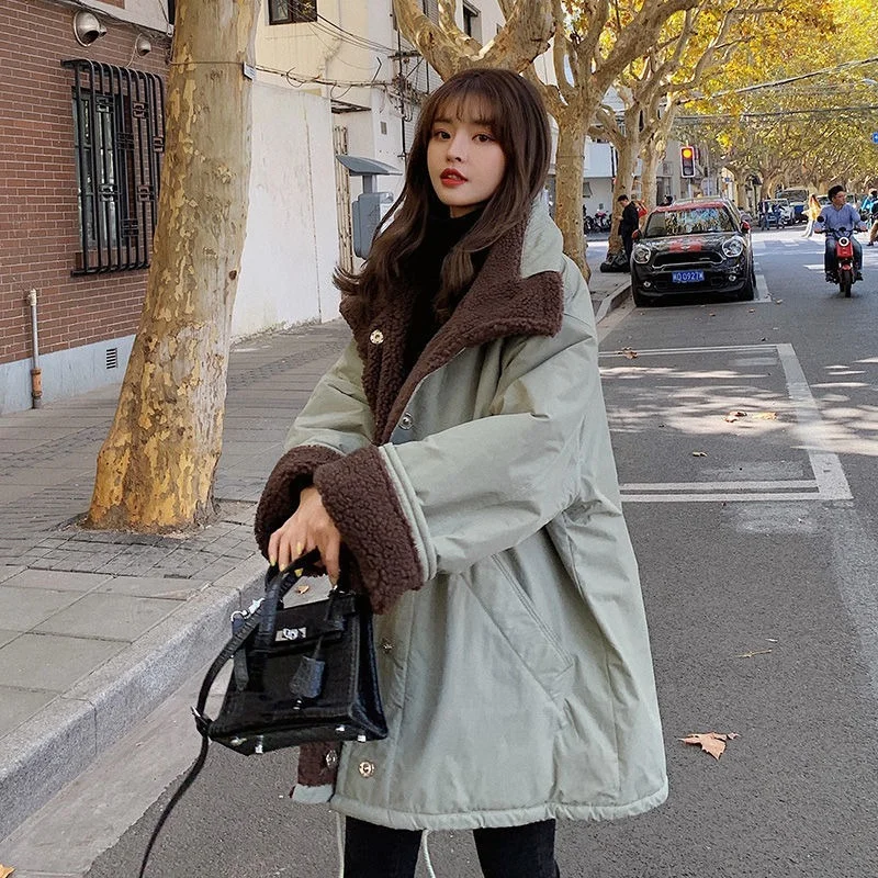 Both Sides Wear Lamb Wool Coat Women's Winter Padded Jacket 2021 Korean Version Loose Student Thickening Tooling Padded Jacket