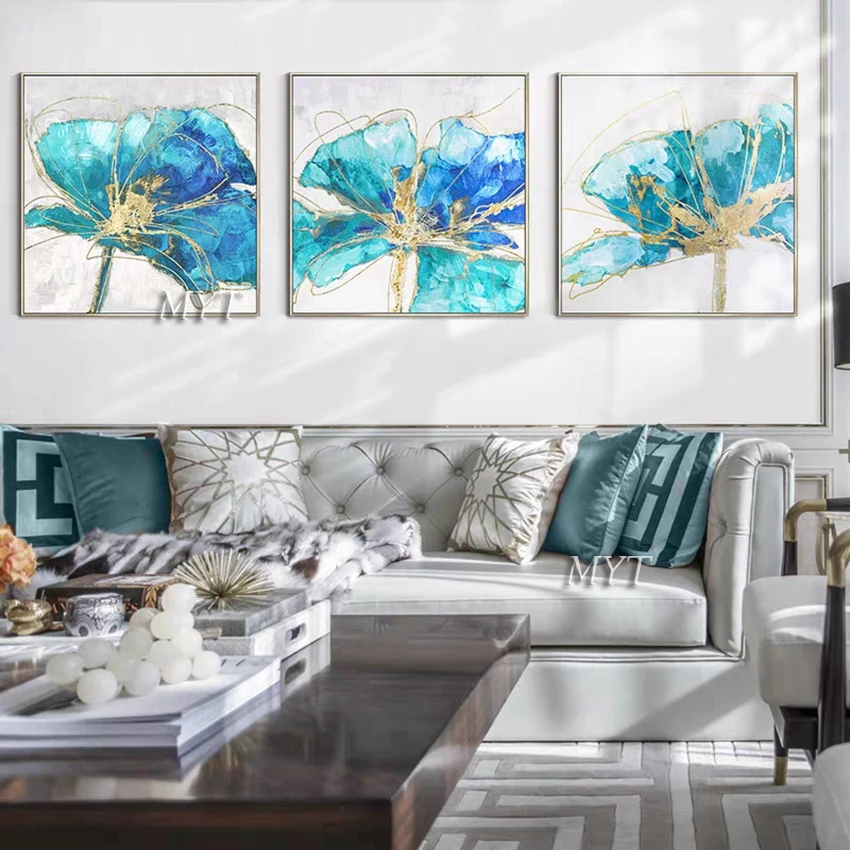 Hand-painted 3 Panels Flower Gold Foil Oil Painting Triptych Canvas Floral Wall Art Decorative Pieces Paintings For Hotel Deco | Дом и сад