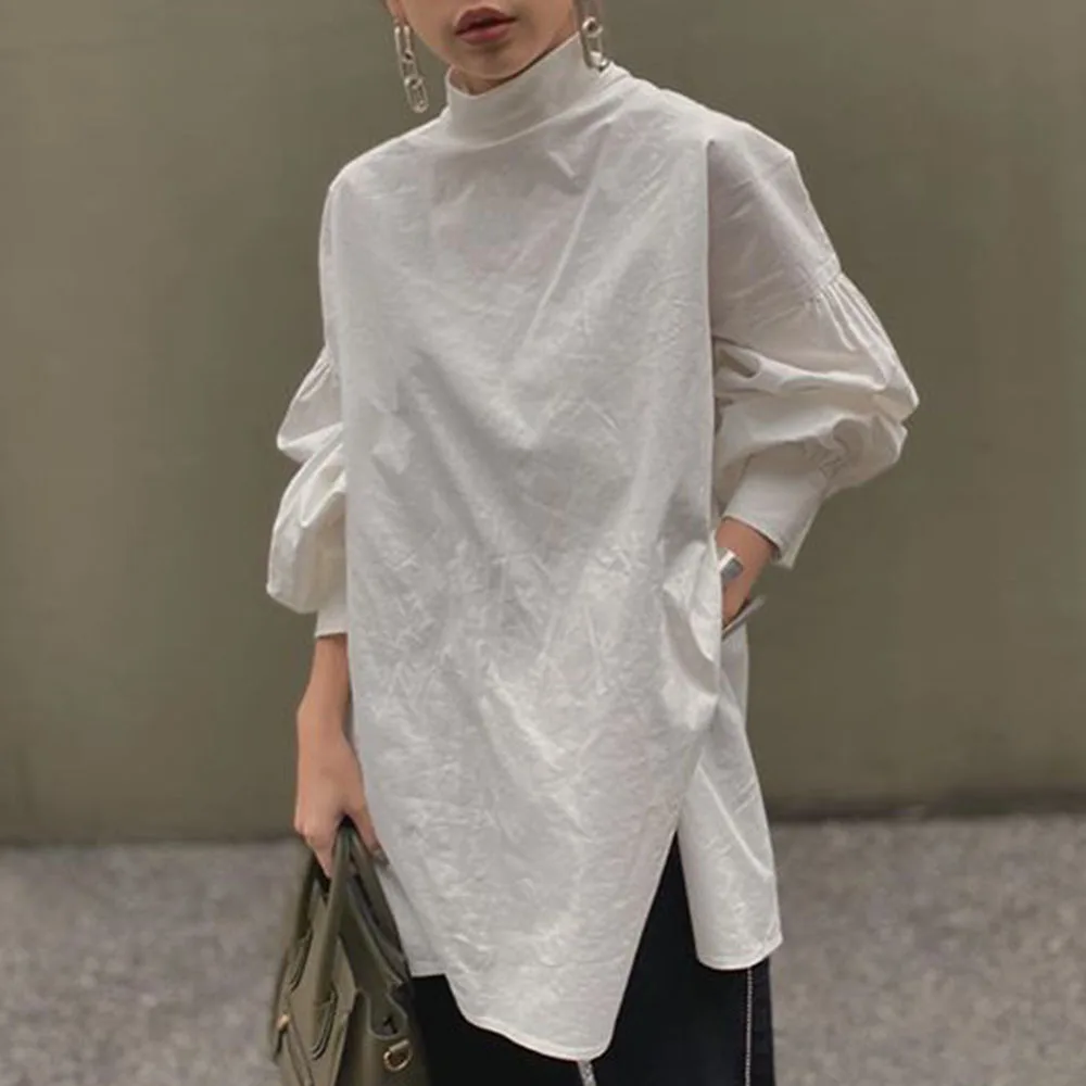 

Office Casual White Korean Blouse Shirt Women Clothing Ladies Stand Collar Solid Lantern Long Sleeve Spring Tops Long Blouses