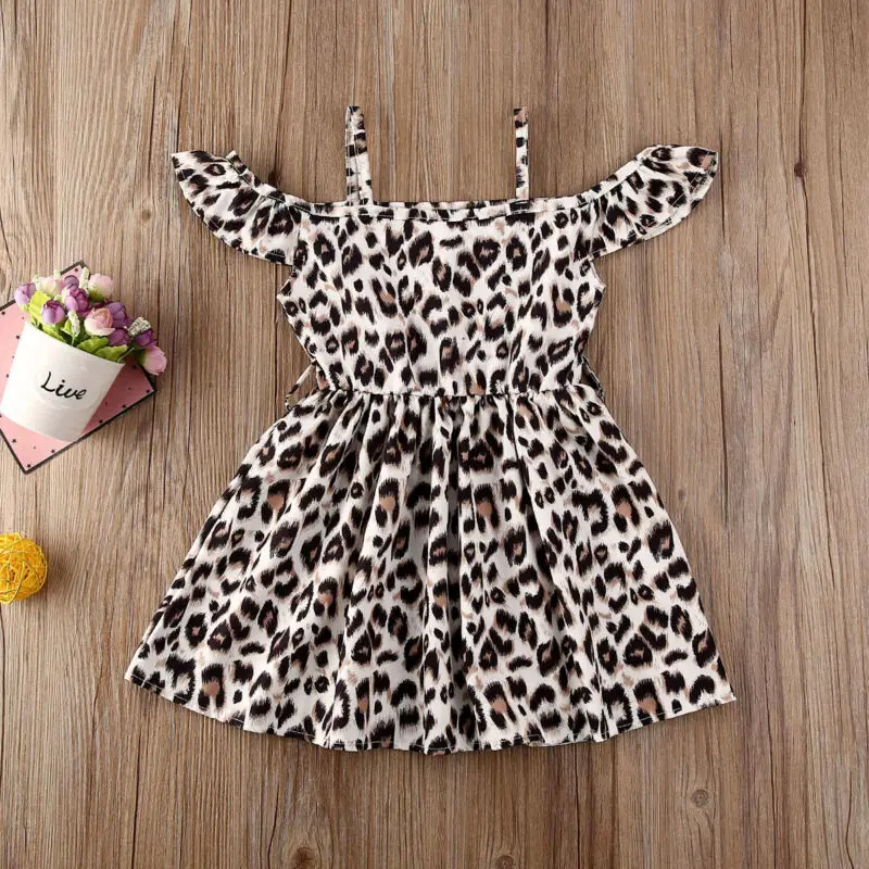 2-6Y Baby Girl Kids Leopard Print Ruffle Off Shoulder Sleeveless Casual Dress Sundress With Belt 2pcs | Детская одежда и обувь