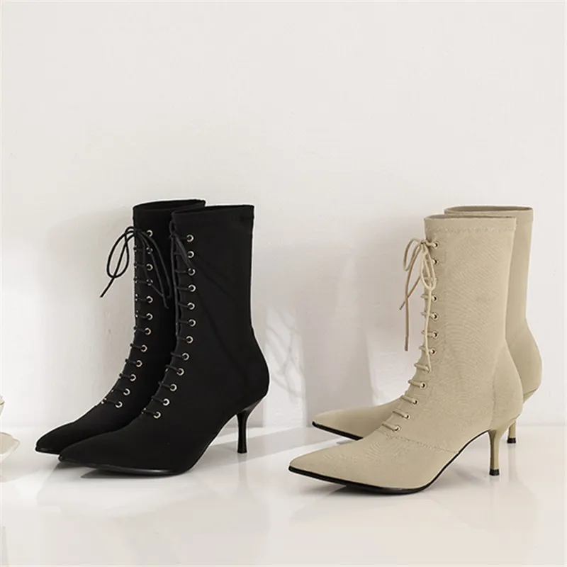 spesifikasi Kain Elastis Modis Sepatu Bot Tengah Wanita Sepatu Hak Tinggi Stiletto Sepatu Kaus Kaki Hak Tinggi Bertali Botas Feminina Sapato Feminino