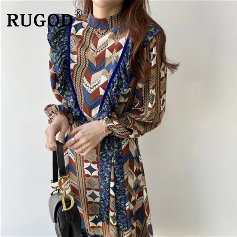 Женское винтажное платье RUGOD Длинное свободное макси с оборками и круглым