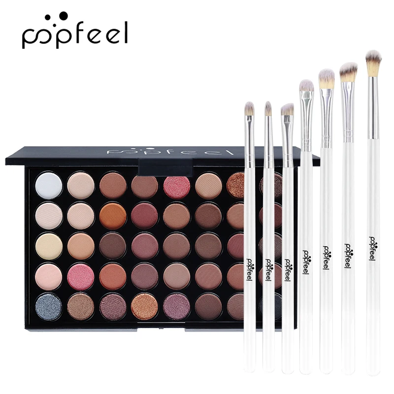 POPFEEL-paleta de maquillaje de alta pigmentación, fácil de mezclar, fusión de colores, 40 sombras metálicas y brillantes, sombra de ojos + 7 Uds. De pinceles