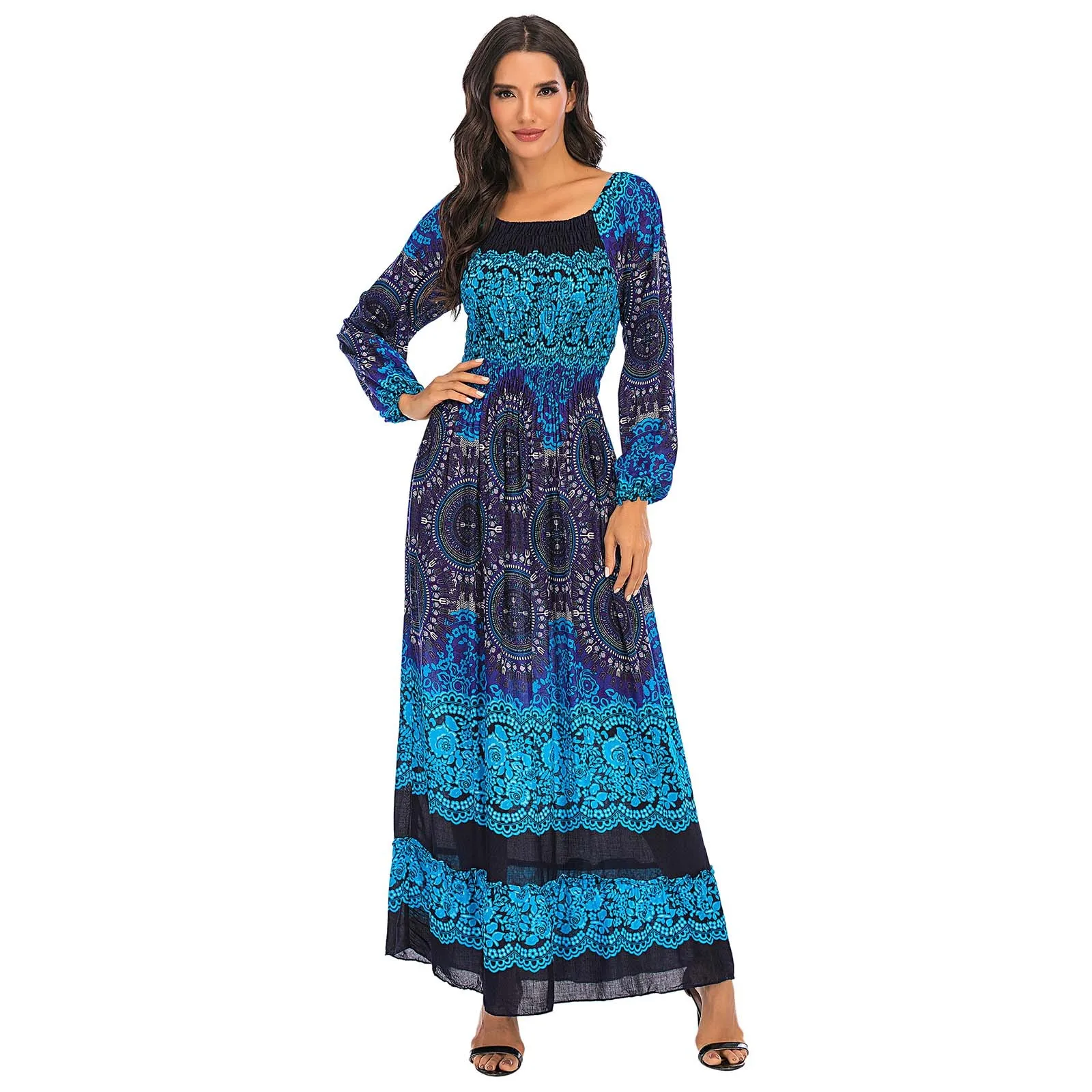 Винтажный шик Vestidos женские Цветочный принт с длинным рукавом пляжные Стиль