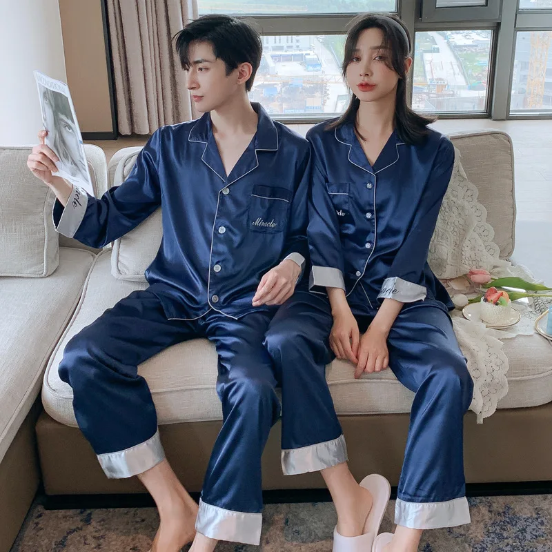 Matching Pajamas Couples Long Sleeve Pajamas for Teen Girls Pants Mens Lounge Wear Silk Pajamas for Men Lace Edge Sleepwear Set