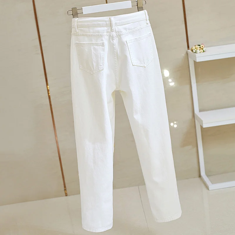 

White Loose Straight Denim Women's High Waist 2020 Spring and Autumn New Korean Style Slimming Cropped Harem Pants Daddy