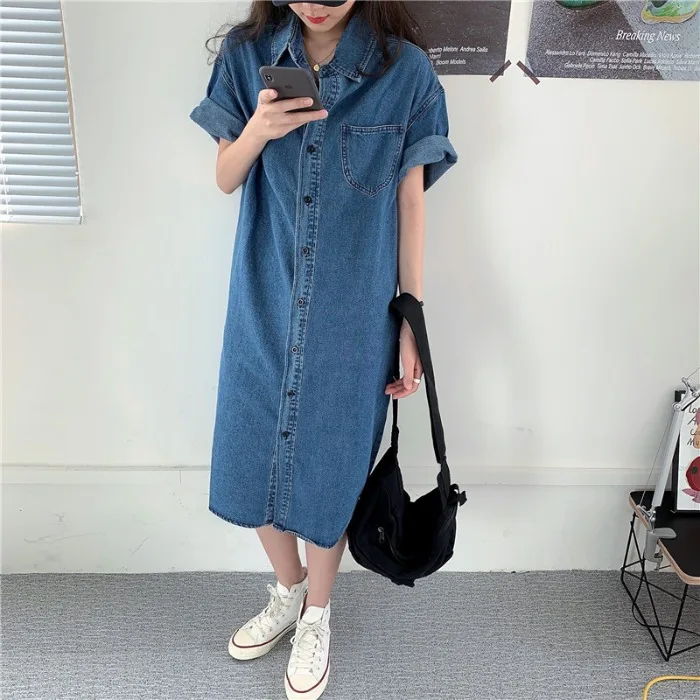 

Summer 2021 New Korean Style Retro Hong Kong Style Lapel Loose Youthful-Looking Mid-Length Short Sleeve Denim Dress for Women