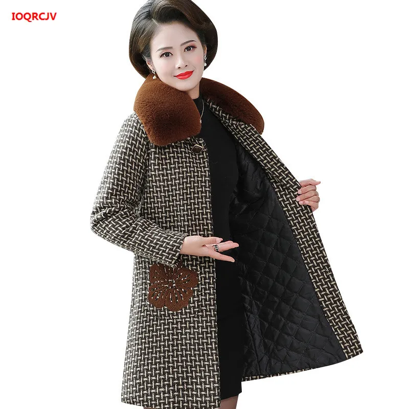 

Women's Woolen Coats Winter Fashion Fur Collar Plus Cotton Parkas Jacket Middle-aged Mother Plaid Wool Coat Plus Size 4XL W1728