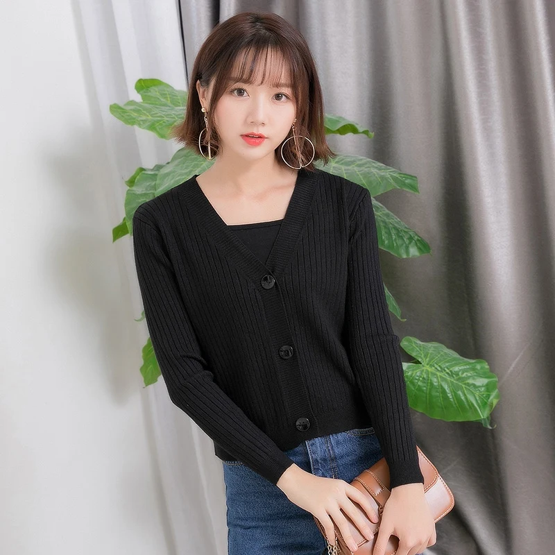 Retro Casual Wild Sweet Elegant Autumn New Hong Kong Style V-neck Solid Color Short Button Knit Cardigan Sweater |