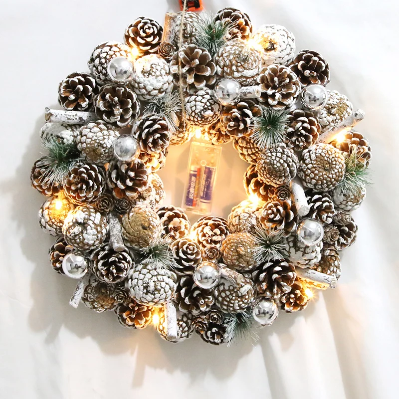 

Christmas Light Wreath for Front Door Decoration with Ball Ornaments Poinsettia Flowers Pine Cones for Festival Party 66