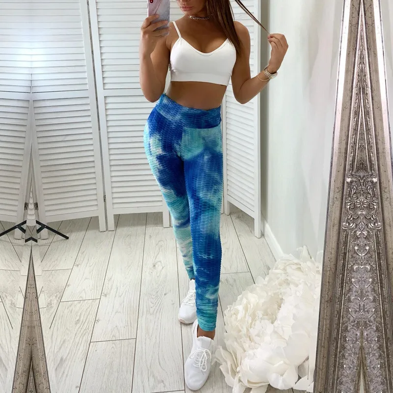 

Women High-waist Sport Pants Fashion Tie-dye Bubble Textured Tight-fitting Casual Trousers