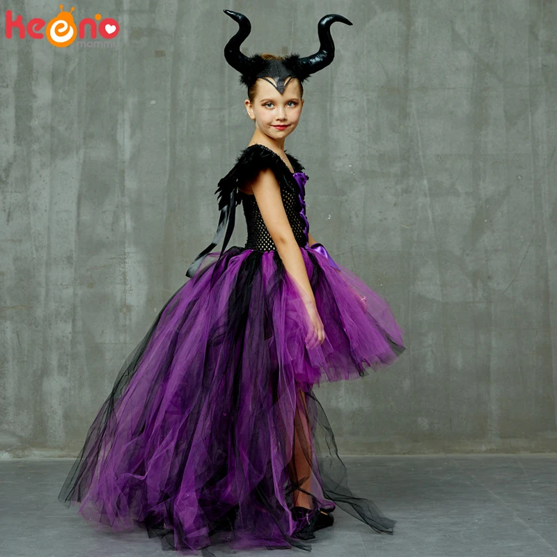 Платье-пачка для девочек на Хеллоуин «Maleficent Evil Dark queen» с рогами «Wicked Witch»; Детские вечерние костюмы для костюмированной вечеринки; нарядная одежда
