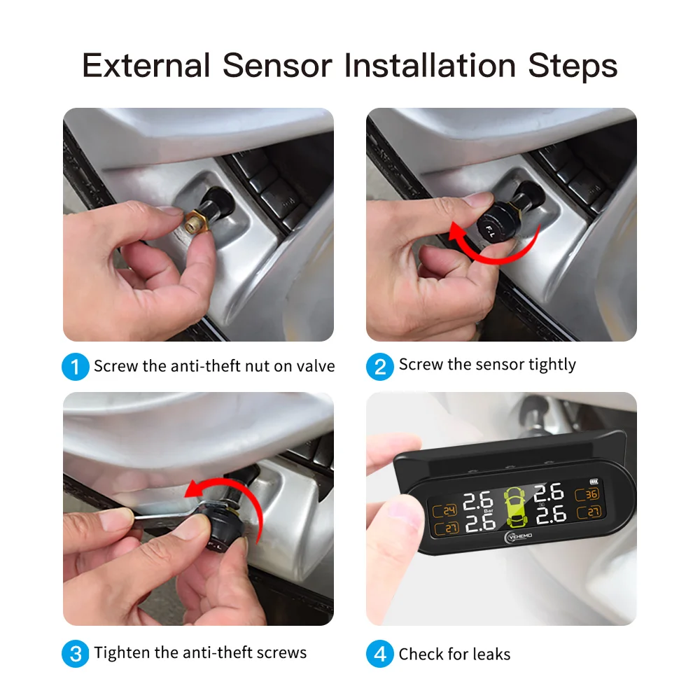 Беспроводная система контроля давления в шинах Vehemo 4 внешних датчика с USB