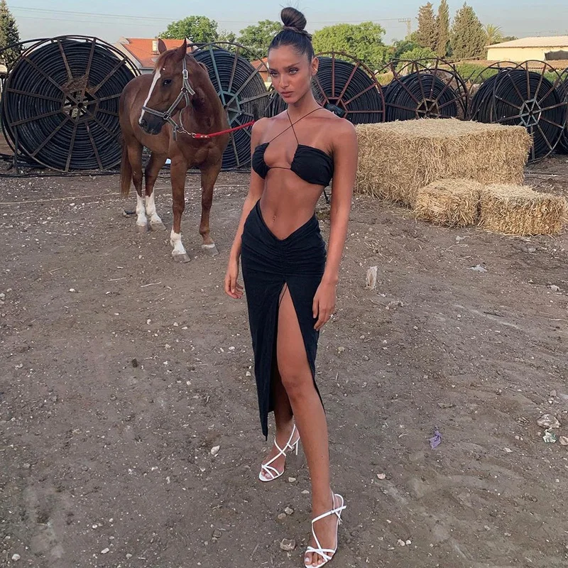 

Party Night Club Wear Women Set 2021 Summer Fashion Sexy Sleeveless Halter Crop Top Slim Long Drawstring Skirt With Slit Beach