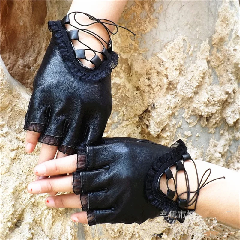 Женские перчатки из натуральной кожи черные с полупальцами оригинальные