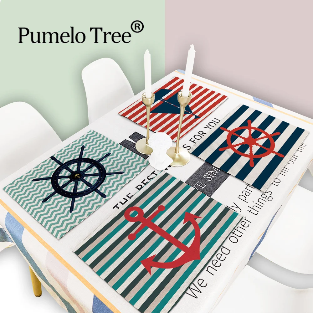 

2/4/6Pcs Nautical Anchor Decor Pattern Kitchen Placemat Sea Ocean Dining Table Mat Tea 42*32Cm Coaster Linen Pad Bowl Cup Mats