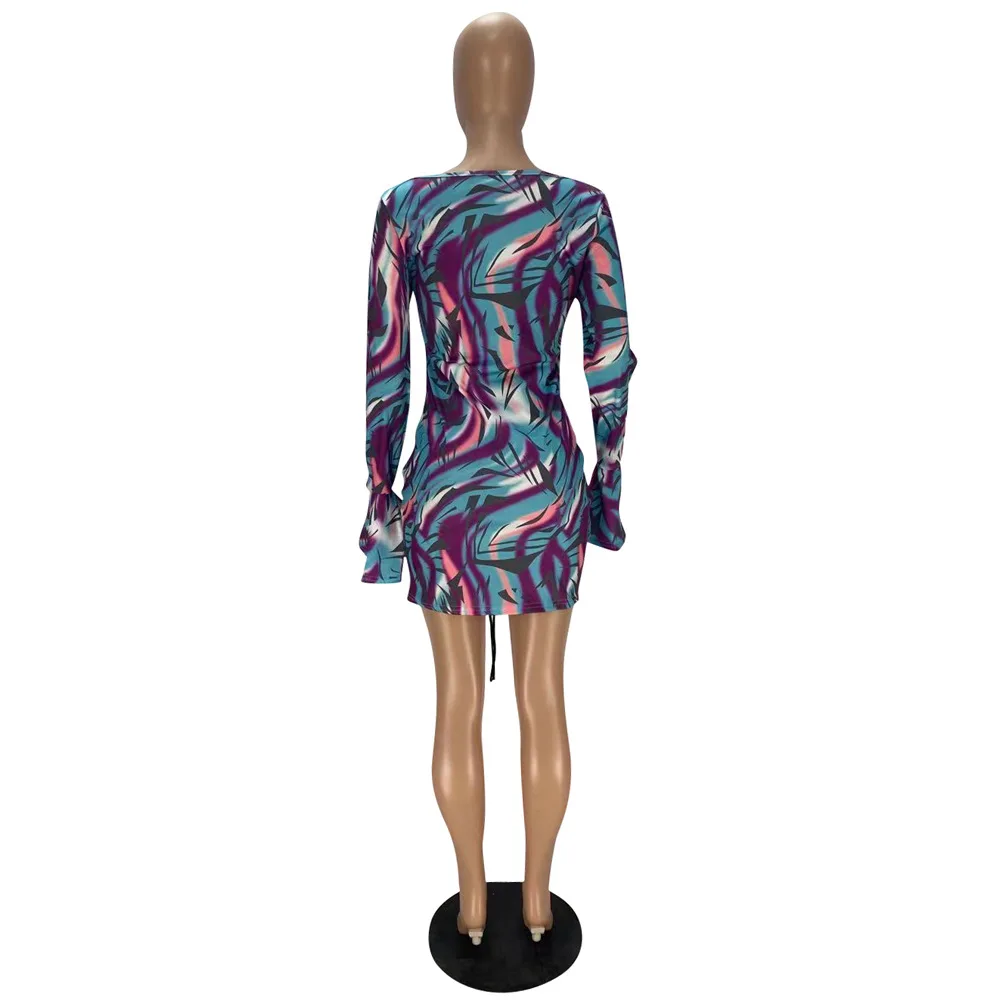 

Multicolor Ruched Drawstring Summer Mini Dress Women Round Neck Long Flare Sleeve Skinny Dress Vintage Ladies Package Hip Dress