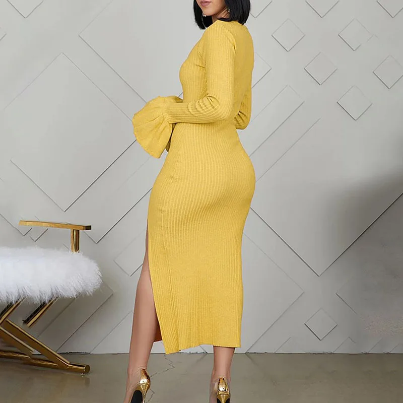 Желтый вязаное платье женские тканевые Зимние сексуальный халат Винтаж бодикон
