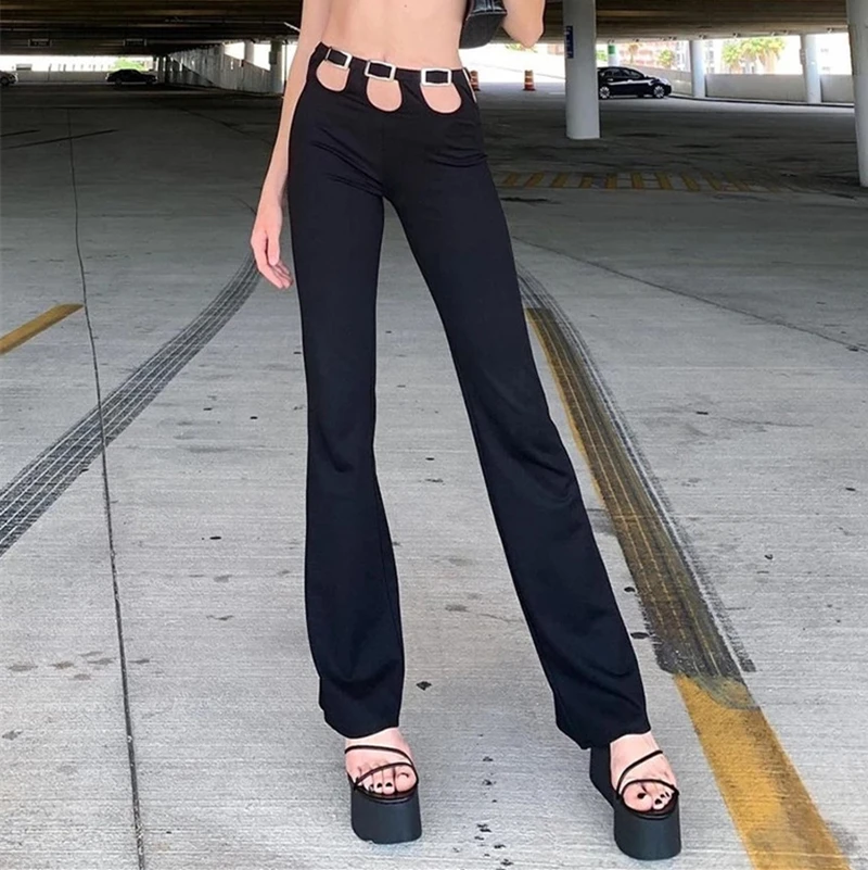 

Женские Модные уличные штаны для похудения, одежда, Женские однотонные черные длинные расклешенные брюки с вырезами и высокой талией, женск...